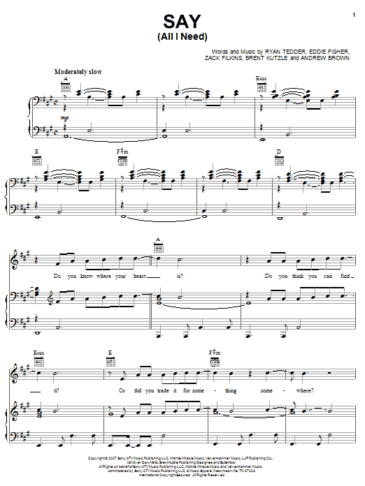 OneRepublic Say (All I Need) sheet music notes and chords arranged for Piano, Vocal & Guitar Chords (Right-Hand Melody)