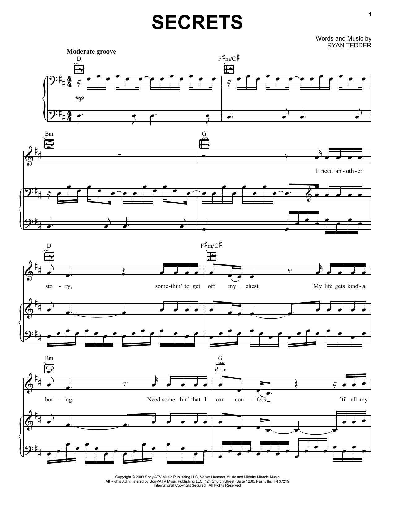 OneRepublic Secrets sheet music notes and chords arranged for Flute Solo