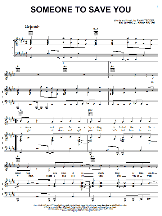 OneRepublic Someone To Save You sheet music notes and chords arranged for Piano, Vocal & Guitar Chords (Right-Hand Melody)