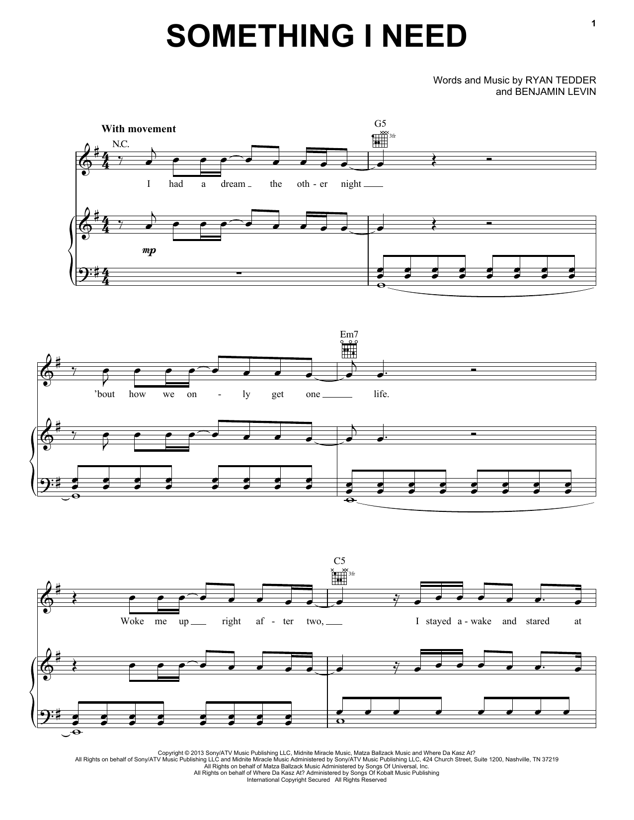 OneRepublic Something I Need sheet music notes and chords arranged for Piano, Vocal & Guitar Chords (Right-Hand Melody)