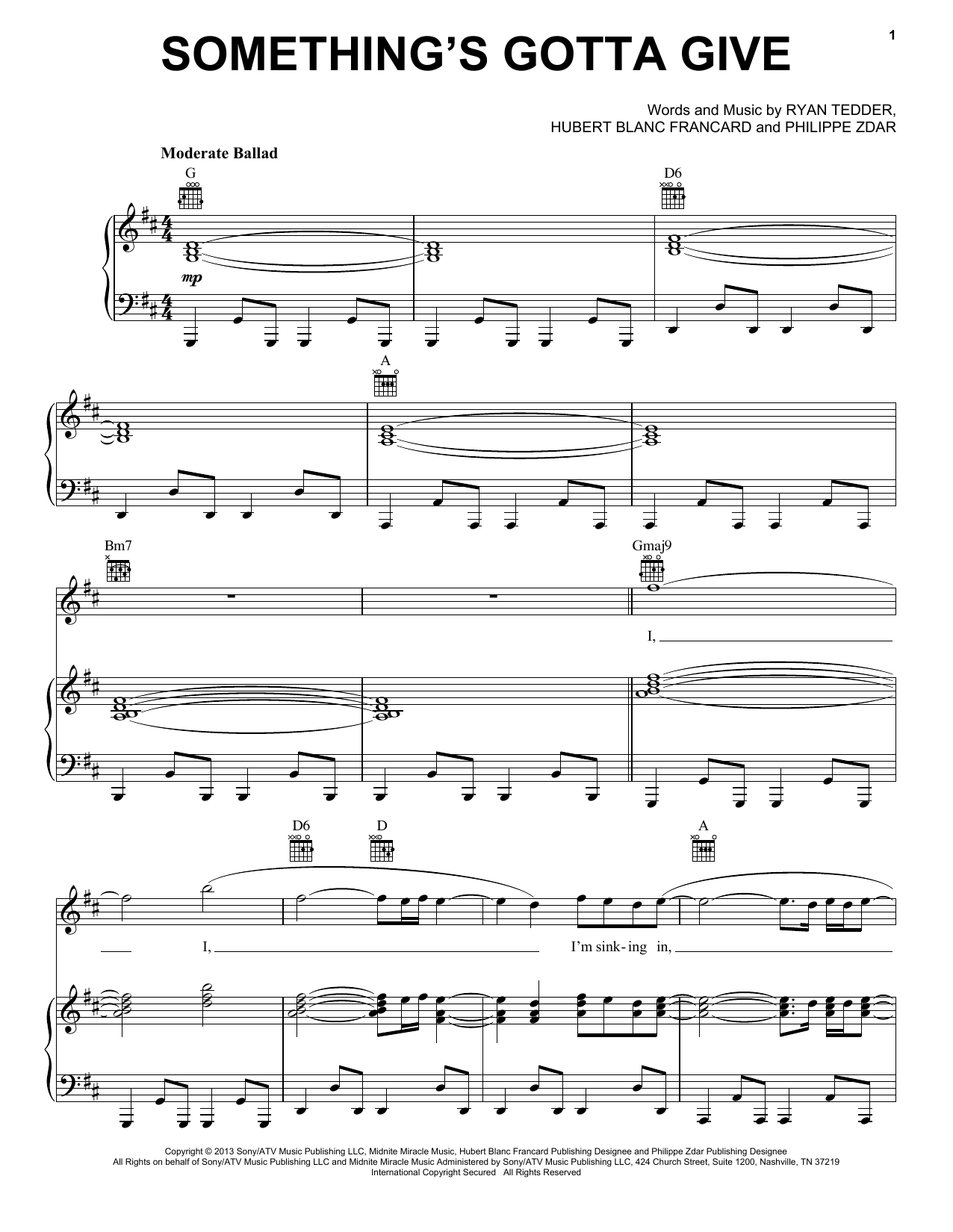 OneRepublic Something's Gotta Give sheet music notes and chords arranged for Piano, Vocal & Guitar Chords (Right-Hand Melody)