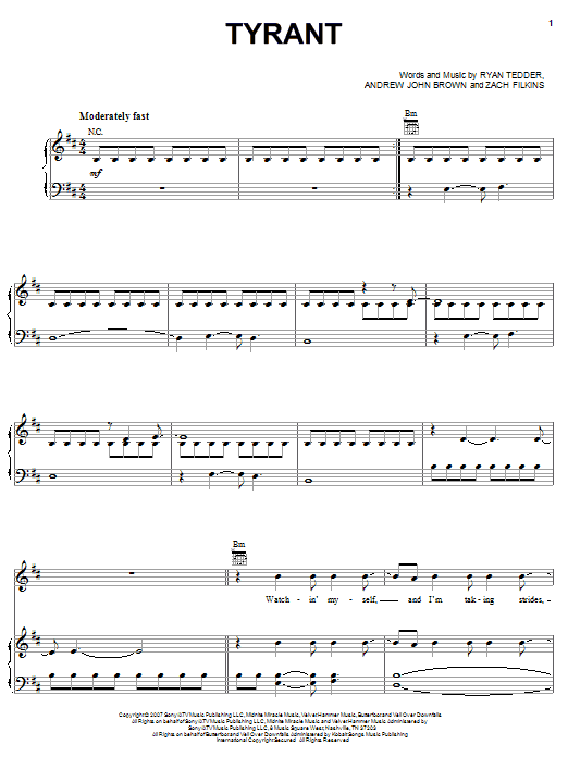 OneRepublic Tyrant sheet music notes and chords arranged for Piano, Vocal & Guitar Chords (Right-Hand Melody)