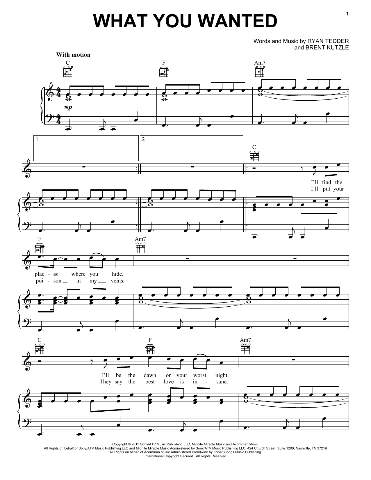 OneRepublic What You Wanted sheet music notes and chords arranged for Piano, Vocal & Guitar Chords (Right-Hand Melody)