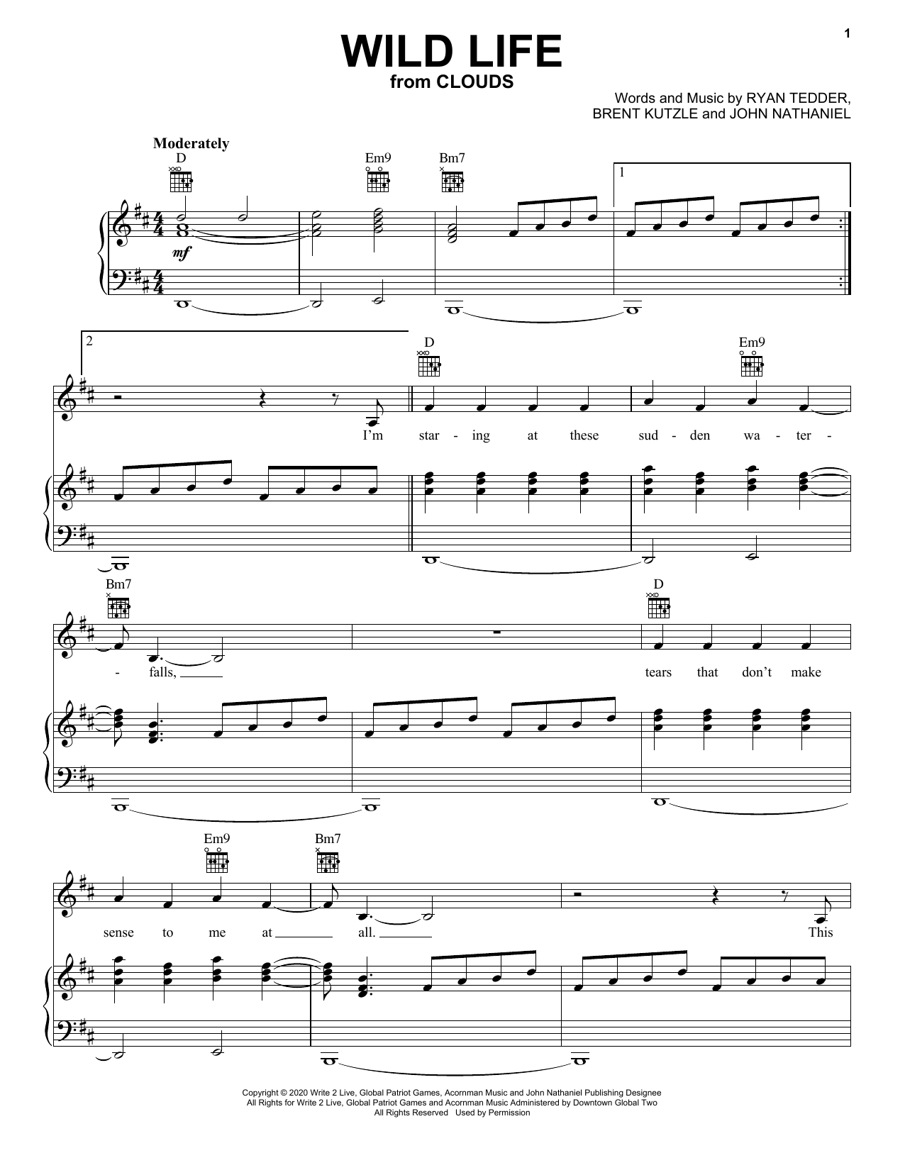 OneRepublic Wild Life (from the Disney+ movie Clouds) sheet music notes and chords arranged for Piano, Vocal & Guitar Chords (Right-Hand Melody)
