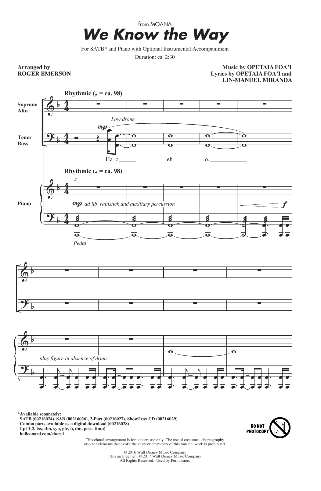 Opetaia Foa'i & Lin-Manuel Miranda We Know The Way (from Moana) (arr. Roger Emerson) sheet music notes and chords arranged for 2-Part Choir