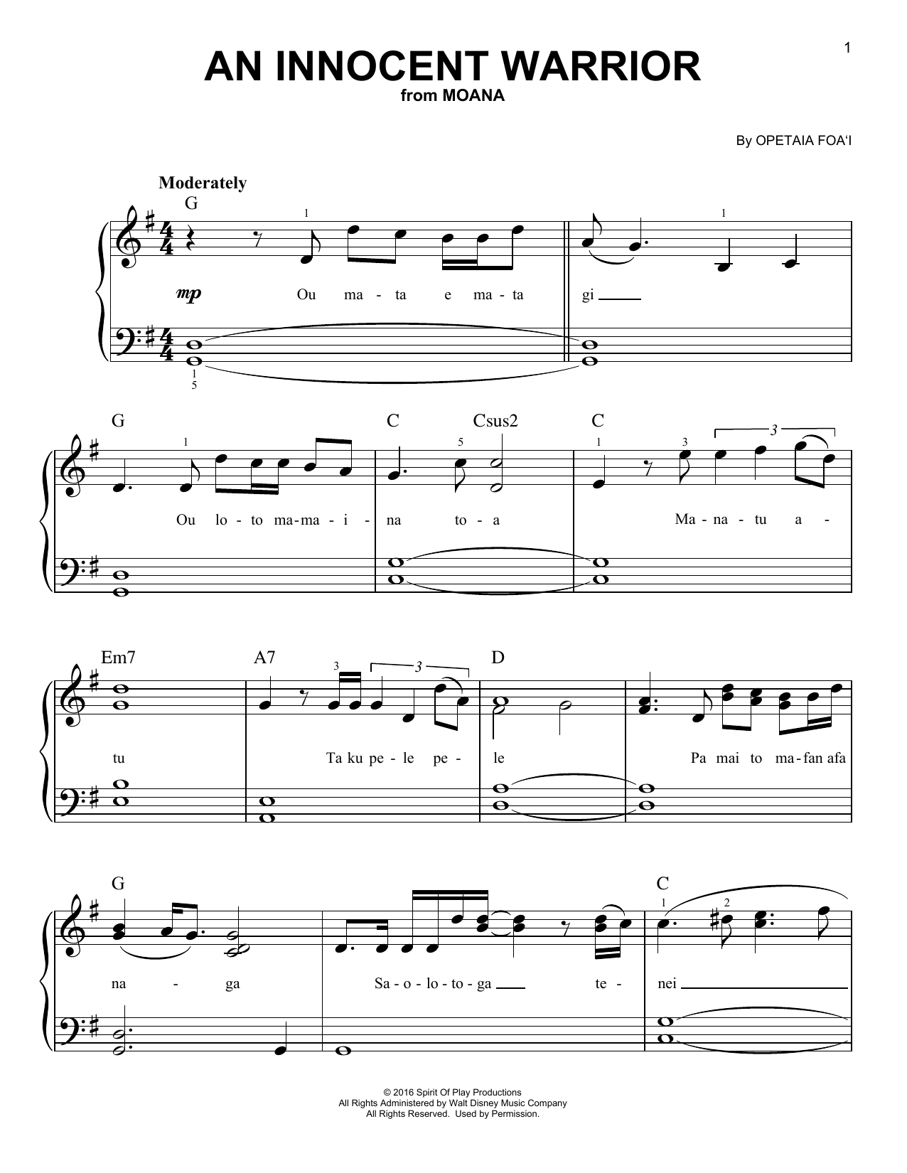 Opetaia Foa'i An Innocent Warrior (from Moana) sheet music notes and chords arranged for Easy Guitar Tab