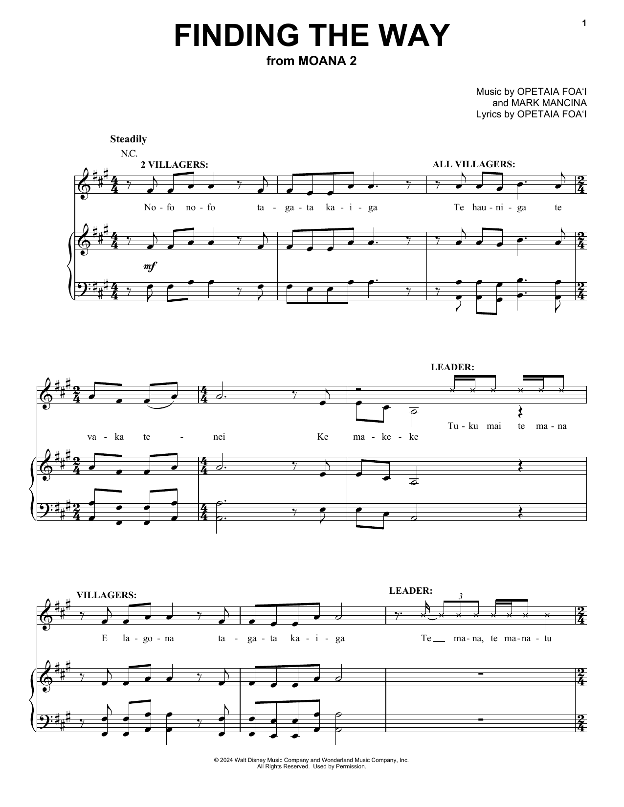 Opetaia Foa'i Finding The Way (from Moana 2) sheet music notes and chords arranged for Piano, Vocal & Guitar Chords (Right-Hand Melody)