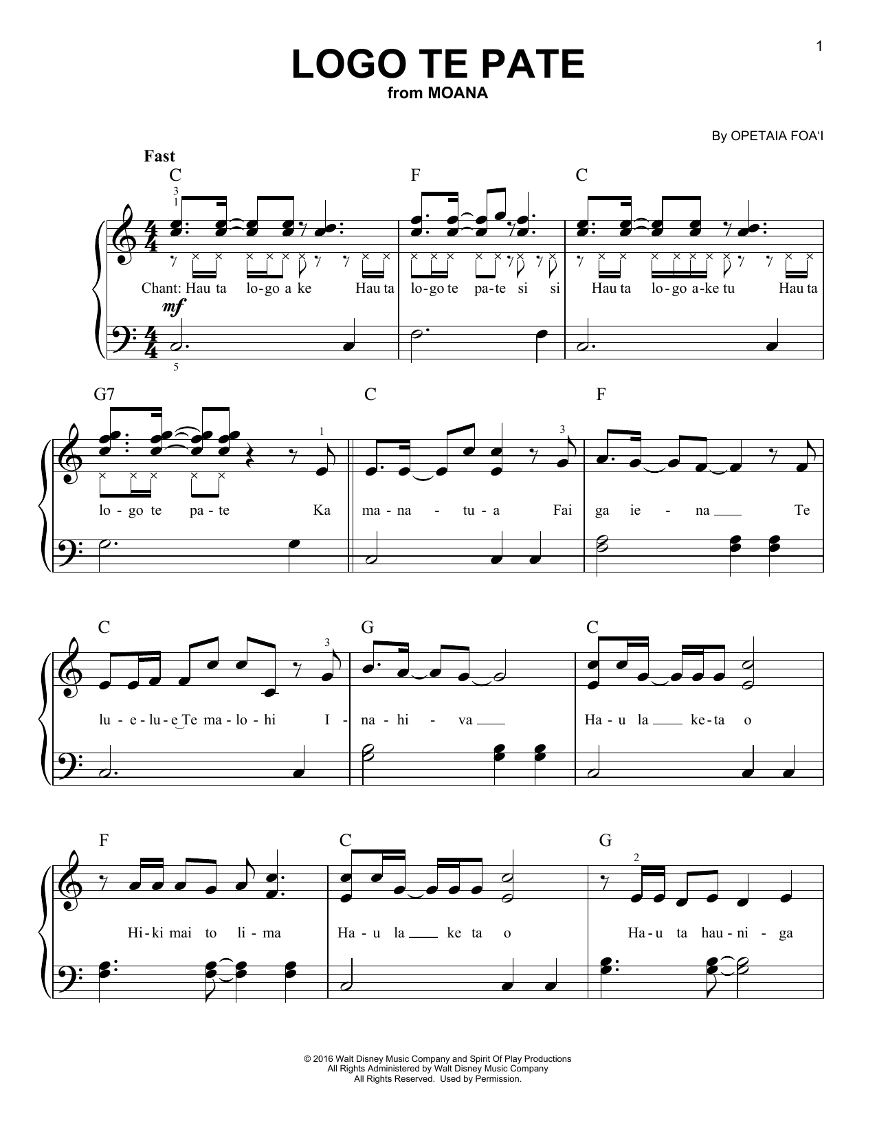 Opetaia Foa'i Logo Te Pate (from Moana) sheet music notes and chords arranged for Piano, Vocal & Guitar Chords (Right-Hand Melody)