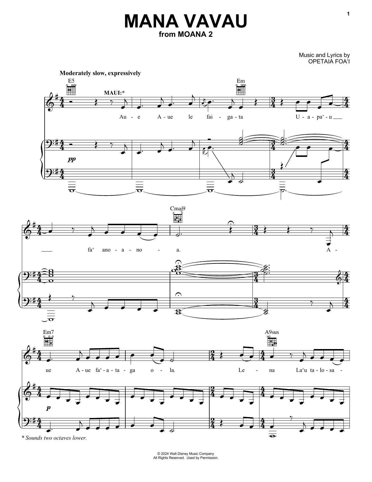 Opetaia Foa'i Mana Vavau (from Moana 2) sheet music notes and chords arranged for Easy Piano