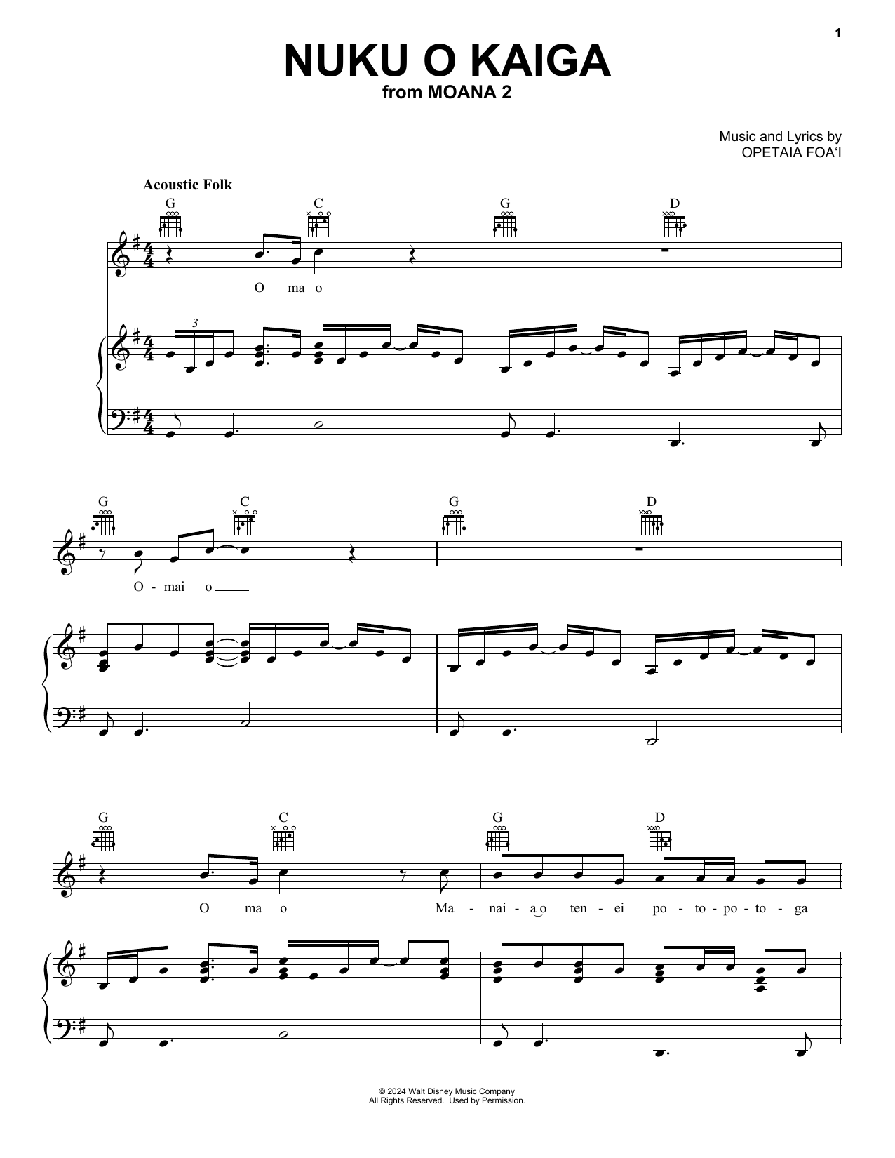 Opetaia Foa'i Nuku O Kaiga (from Moana 2) sheet music notes and chords arranged for Piano, Vocal & Guitar Chords (Right-Hand Melody)