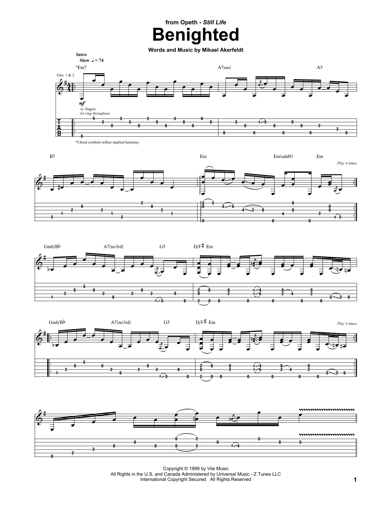 Opeth Benighted sheet music notes and chords arranged for Guitar Tab