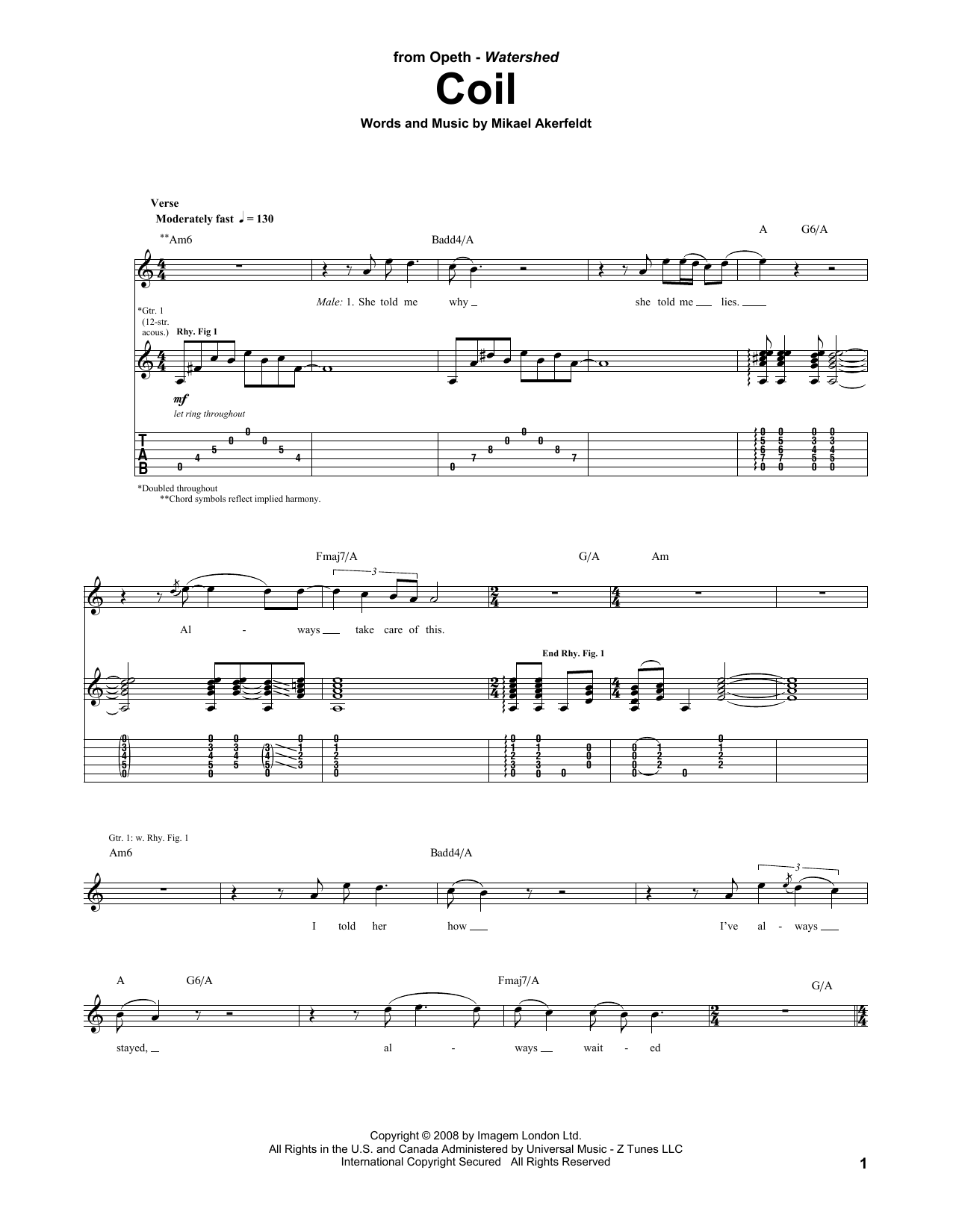 Opeth Coil sheet music notes and chords arranged for Guitar Tab