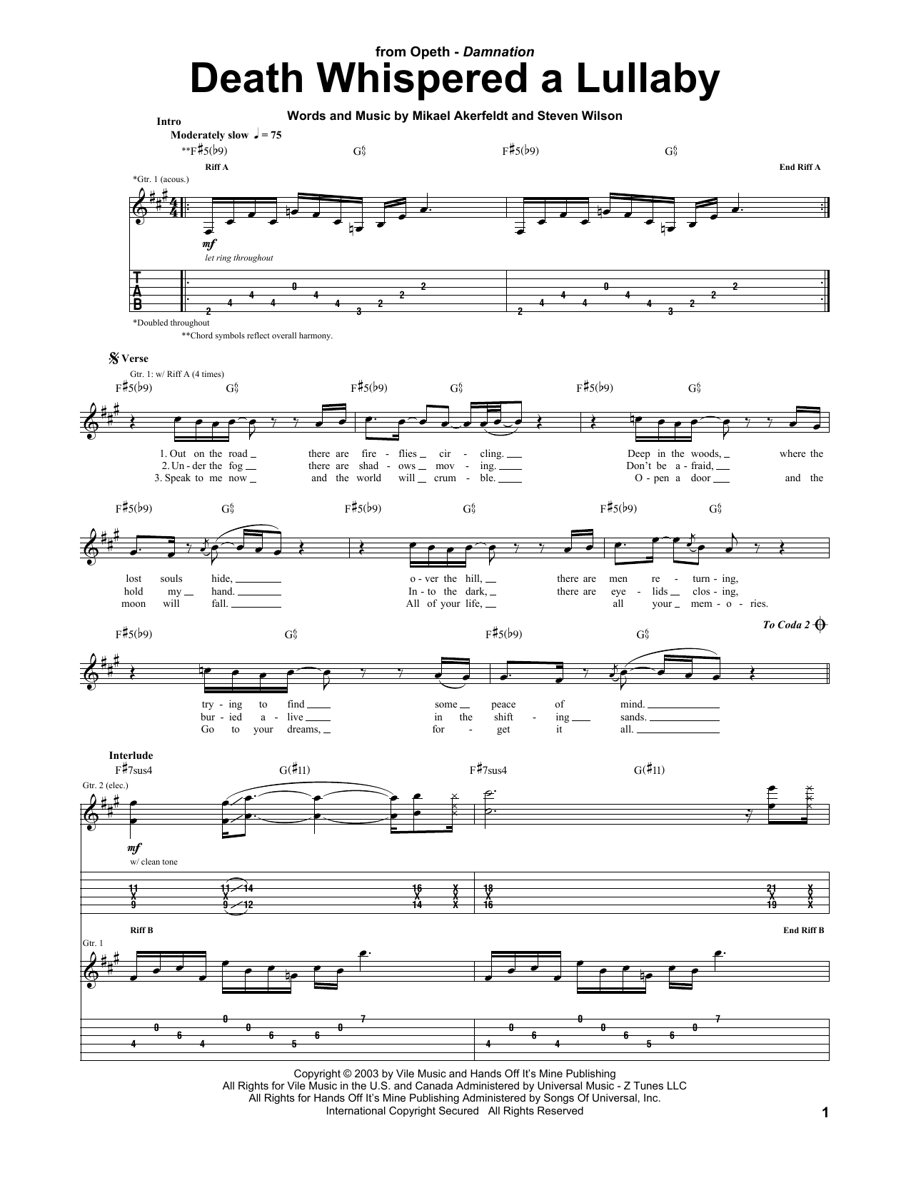 Opeth Death Whispered A Lullaby sheet music notes and chords arranged for Guitar Tab