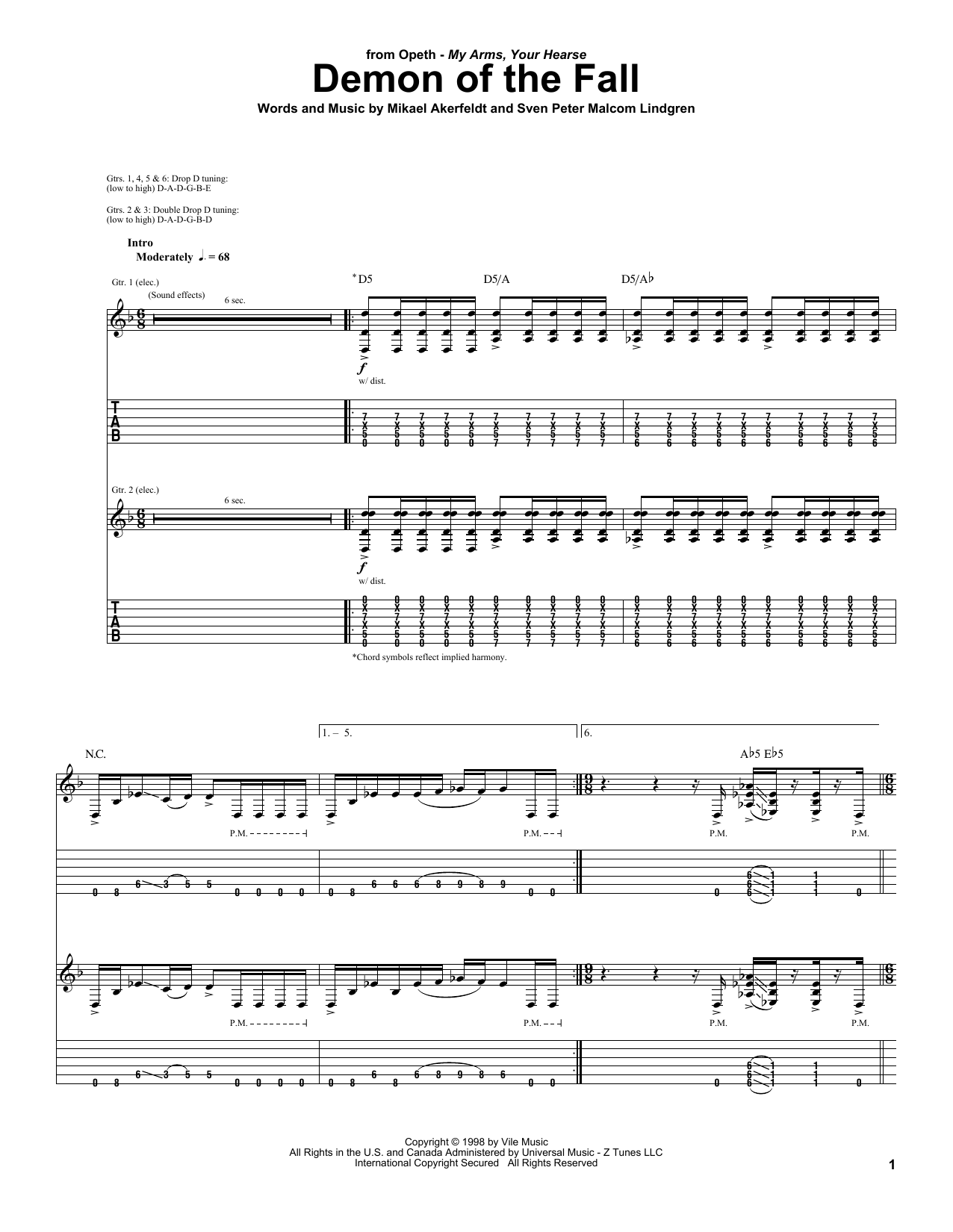 Opeth Demon Of The Fall sheet music notes and chords arranged for Guitar Tab