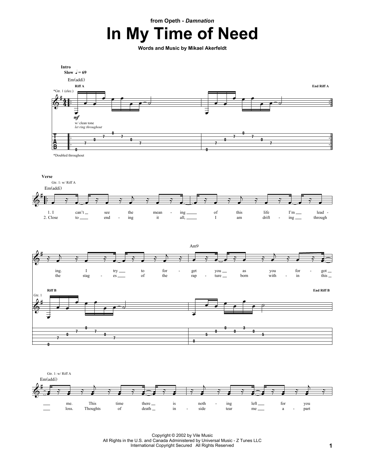 Opeth In My Time Of Need sheet music notes and chords arranged for Guitar Tab