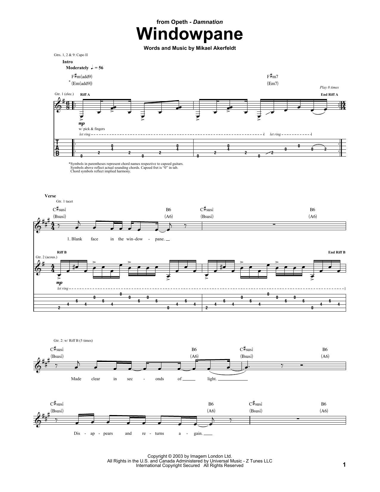 Opeth Windowpane sheet music notes and chords arranged for Bass Guitar Tab