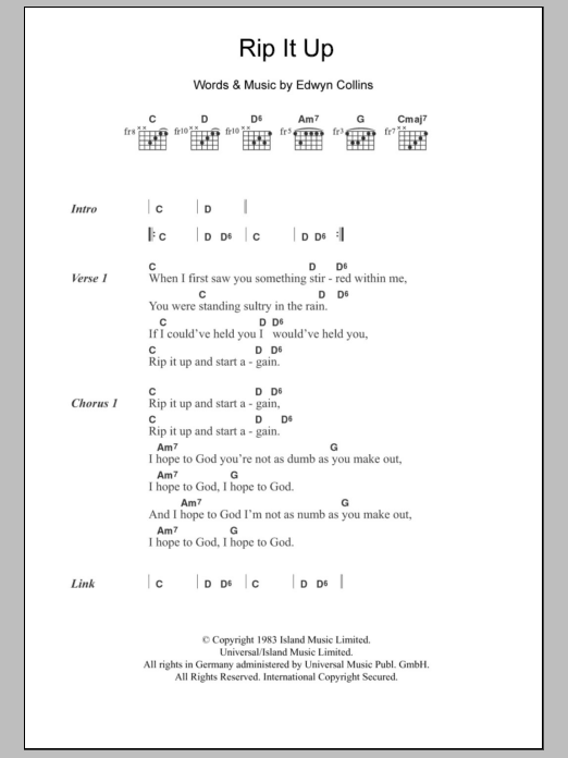 Orange Juice Rip It Up sheet music notes and chords arranged for Guitar Chords/Lyrics
