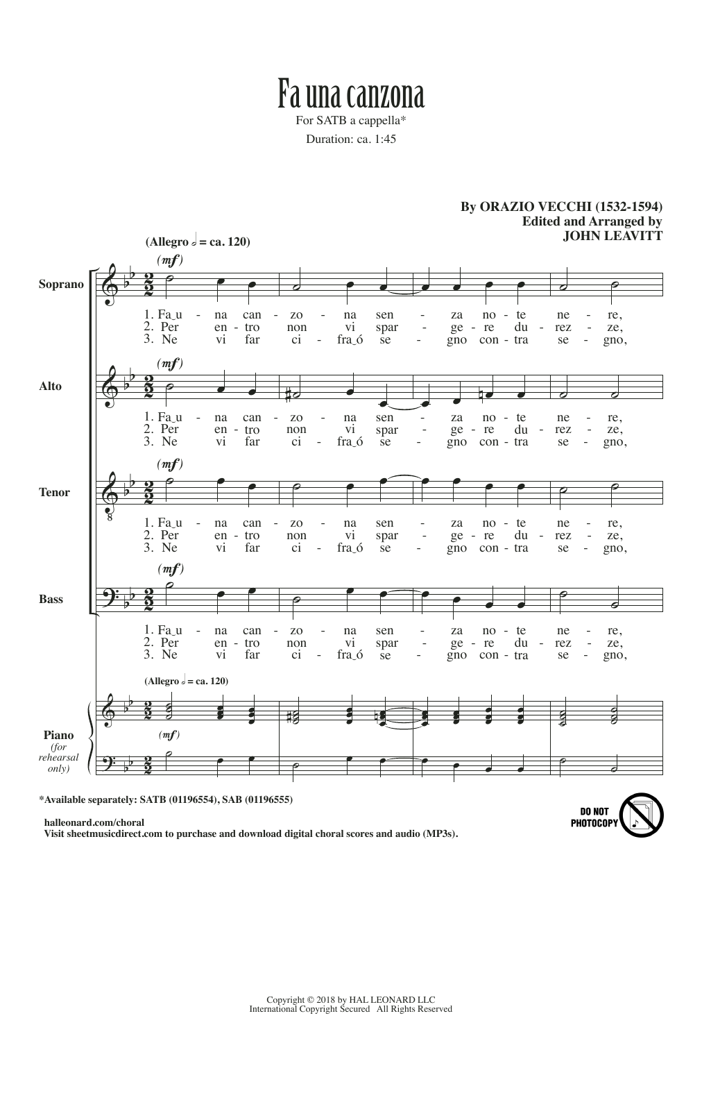 Orazio Vecchi Fa Una Canzona (arr. John Leavitt) sheet music notes and chords arranged for SAB Choir