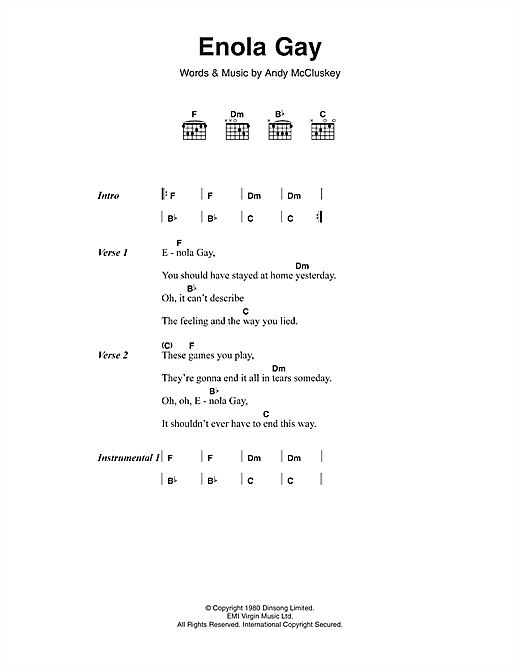 Orchestral Manouvers in the Dark Enola Gay sheet music notes and chords arranged for Guitar Chords/Lyrics