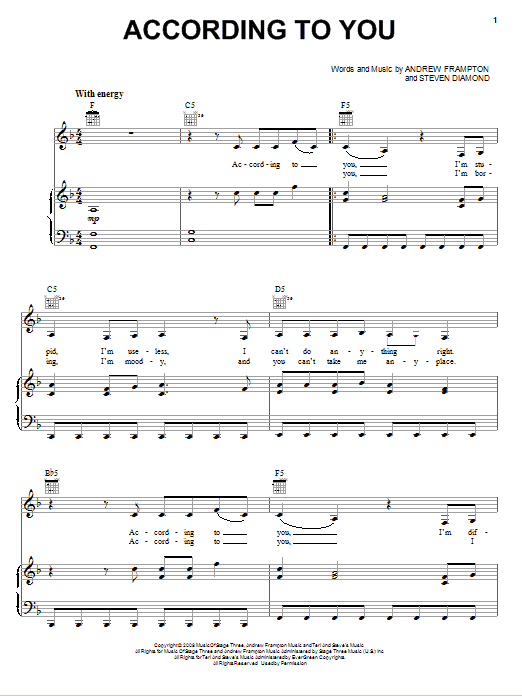 Orianthi According To You sheet music notes and chords arranged for Piano, Vocal & Guitar Chords (Right-Hand Melody)