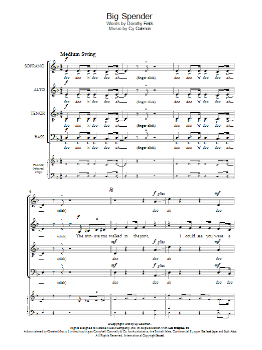 Original Cast Recording Big Spender (from Sweet Charity) sheet music notes and chords arranged for Choir
