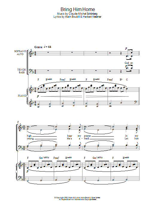 Original Cast Recording Bring Him Home (from Les Miserables) sheet music notes and chords arranged for Choir
