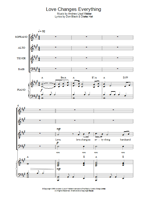 Original Cast Recording Love Changes Everything (from Aspects Of Love) sheet music notes and chords arranged for Choir