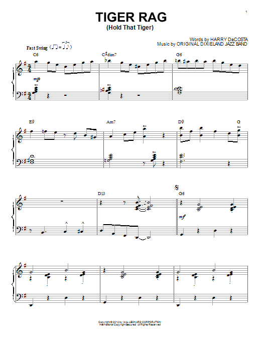 Original Dixieland Jazz Band Tiger Rag (Hold That Tiger) (arr. Brent Edstrom) sheet music notes and chords arranged for Piano Solo