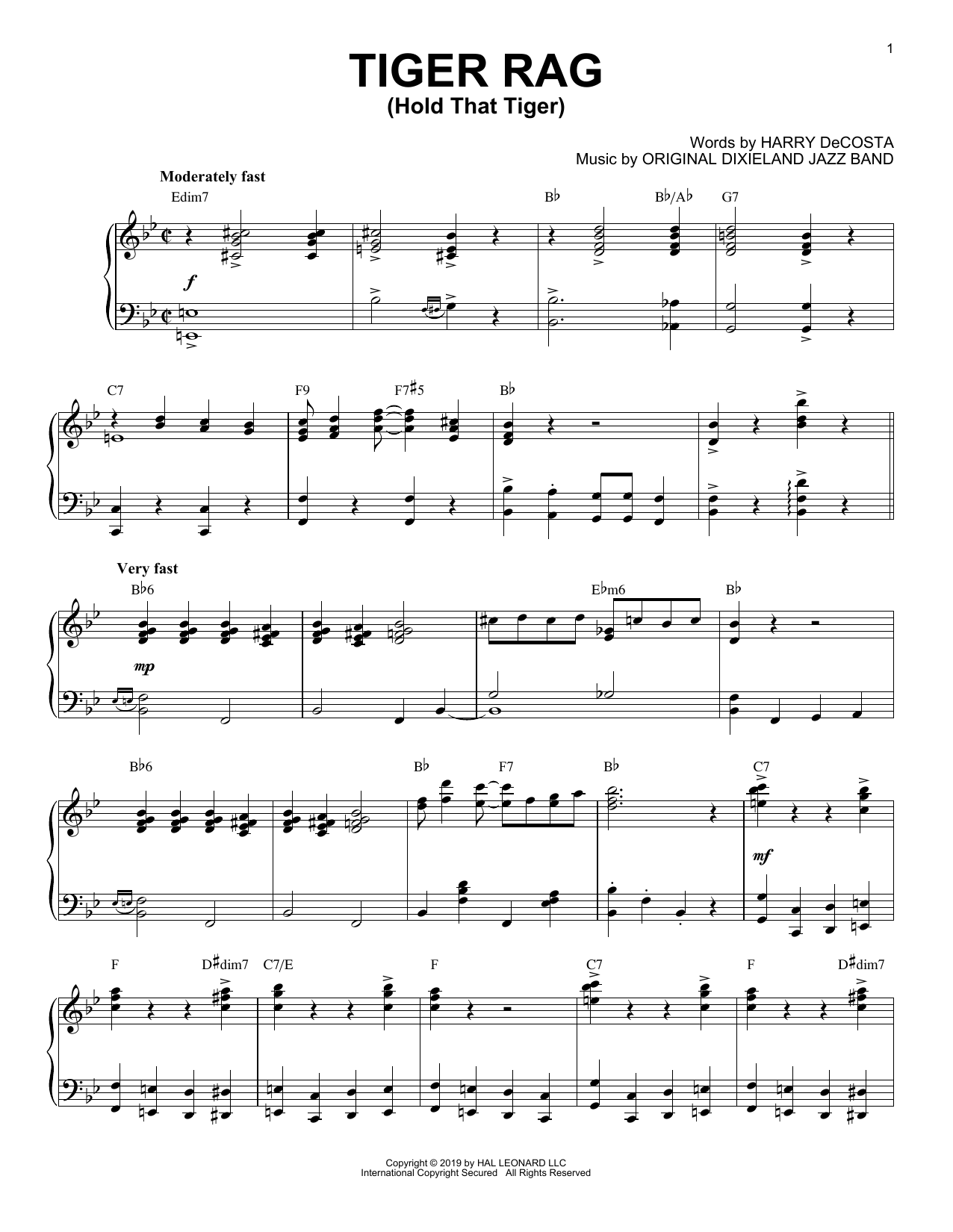 Original Dixieland Jazz Band Tiger Rag (Hold That Tiger) [Jazz version] sheet music notes and chords arranged for Piano Solo