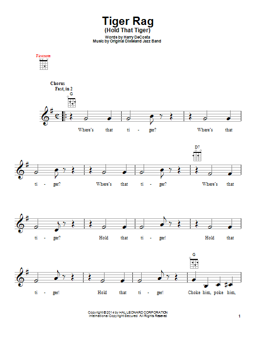 Original Dixieland Jazz Band Tiger Rag (Hold That Tiger) sheet music notes and chords arranged for Piano Solo