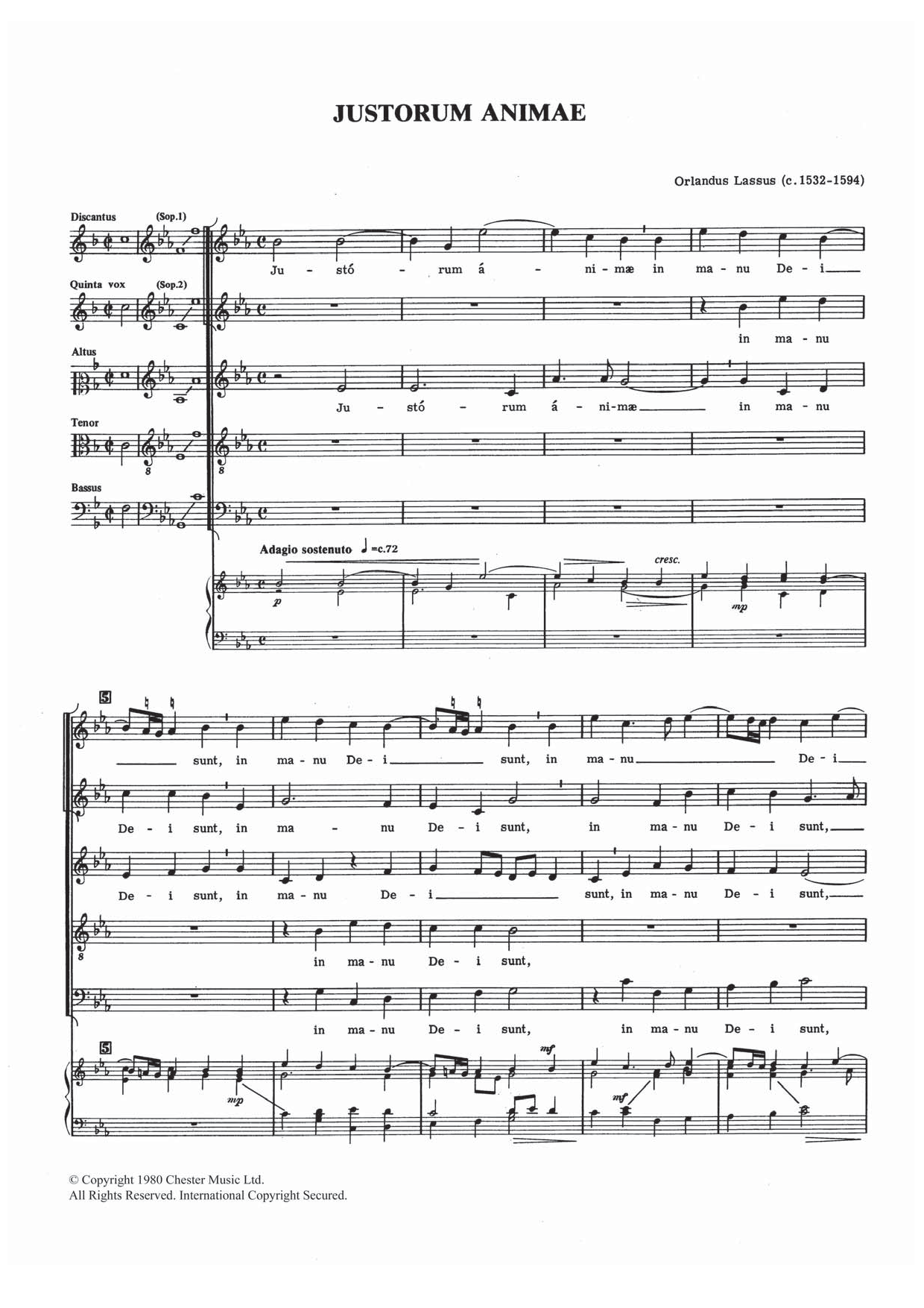 Orlandus Lassus Justorum Animae sheet music notes and chords arranged for Piano, Vocal & Guitar Chords