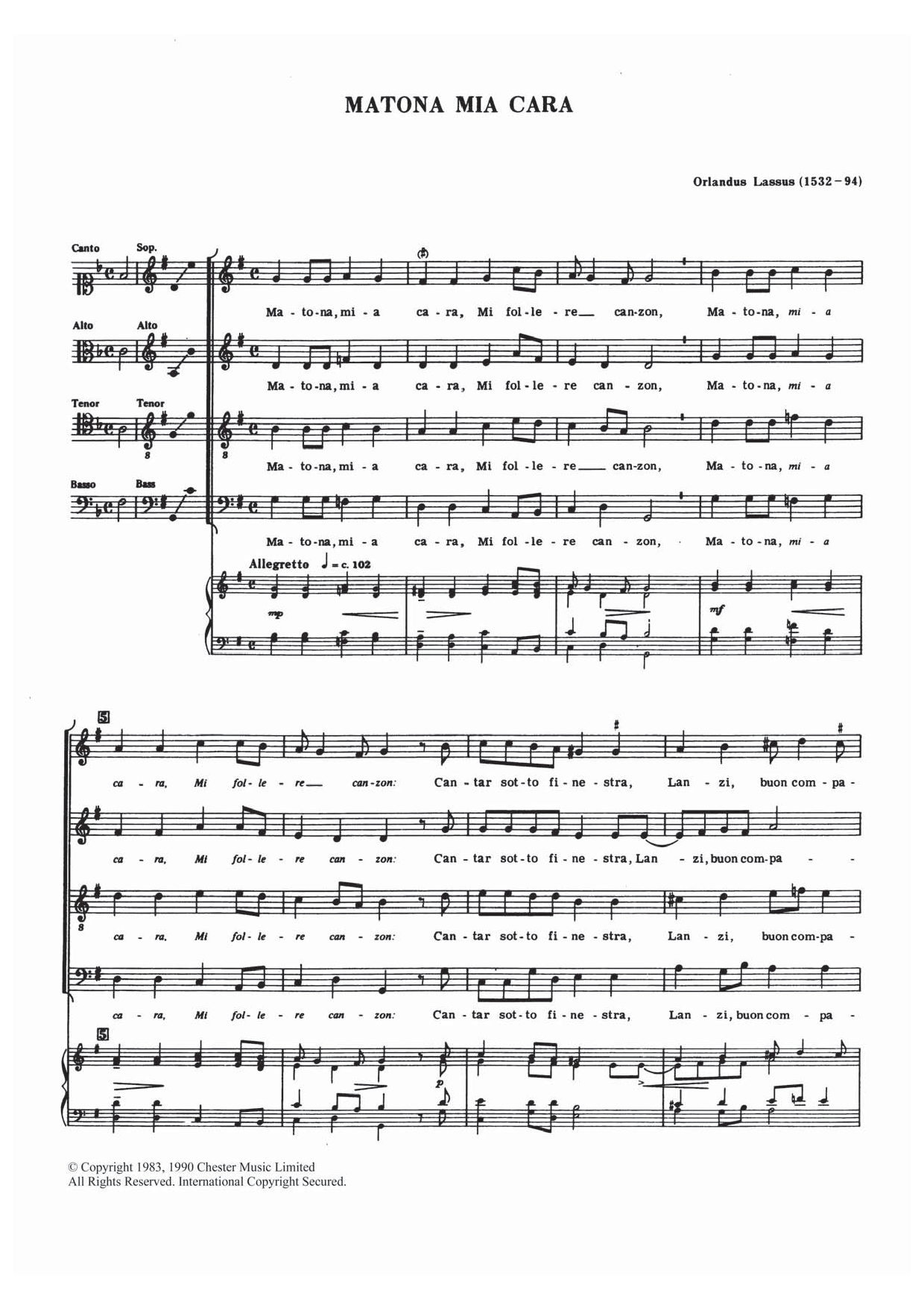Orlandus Lassus Matona Mia Cara sheet music notes and chords arranged for Choir