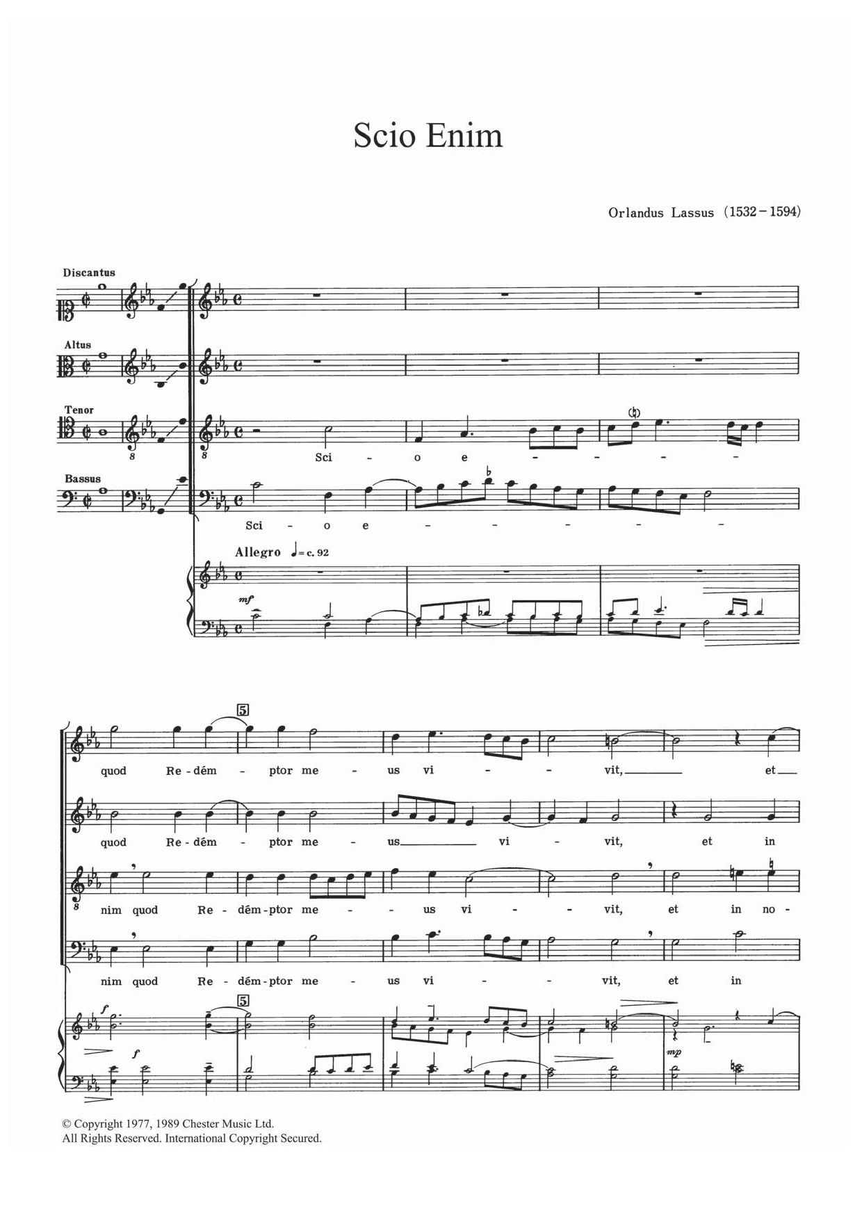 Orlandus Lassus Scio Enim sheet music notes and chords arranged for SATB Choir