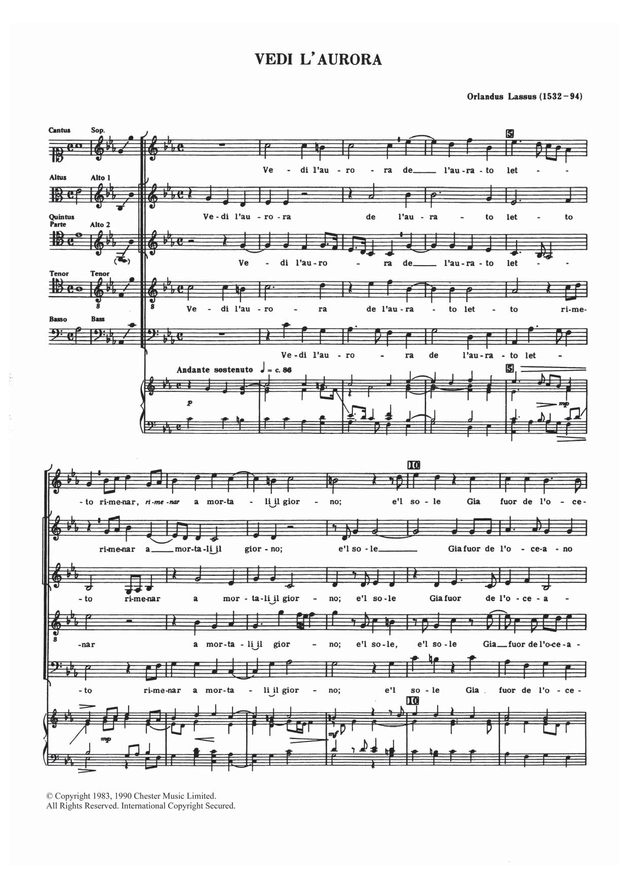 Orlandus Lassus Vedi L'aurora sheet music notes and chords arranged for Choir