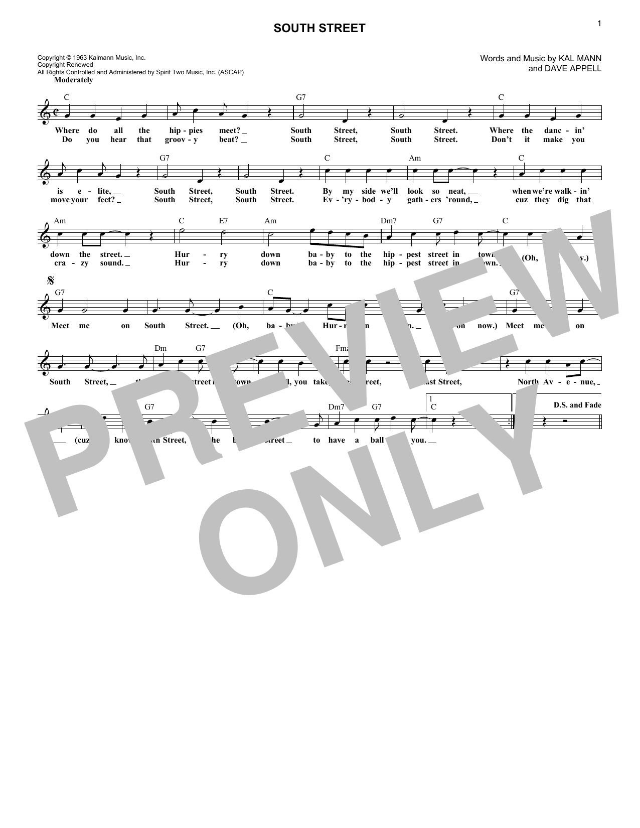 Orlons South Street sheet music notes and chords arranged for Lead Sheet / Fake Book