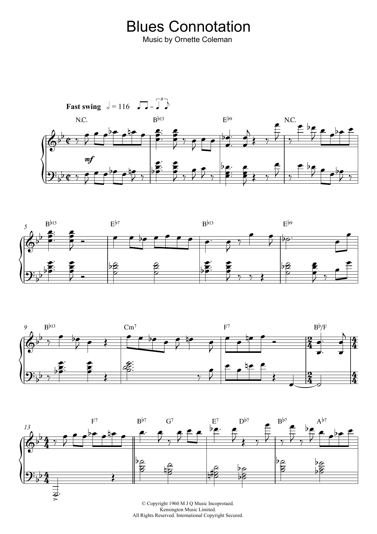 Ornette Coleman Blues Connotation sheet music notes and chords arranged for Piano Solo