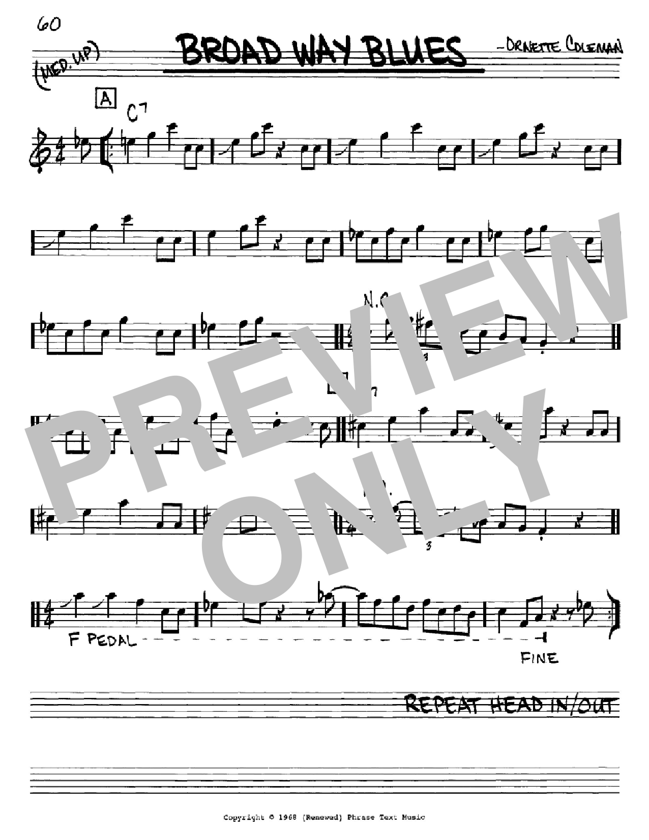 Ornette Coleman Broad Way Blues sheet music notes and chords arranged for Real Book – Melody & Chords – Bass Clef Instruments