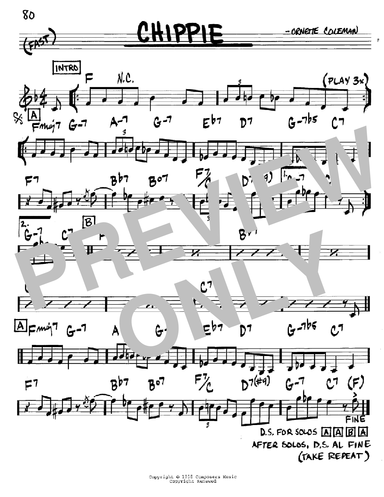 Ornette Coleman Chippie sheet music notes and chords arranged for Real Book – Melody & Chords – Bb Instruments