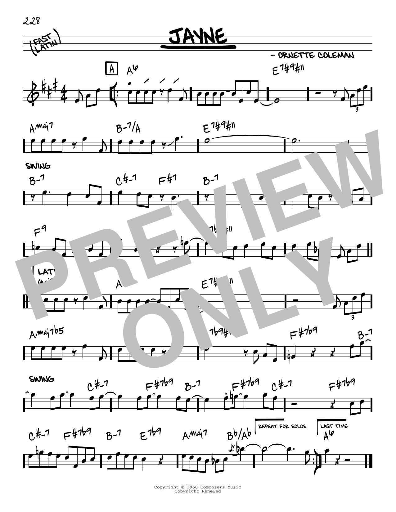 Ornette Coleman Jayne sheet music notes and chords arranged for Real Book – Melody & Chords