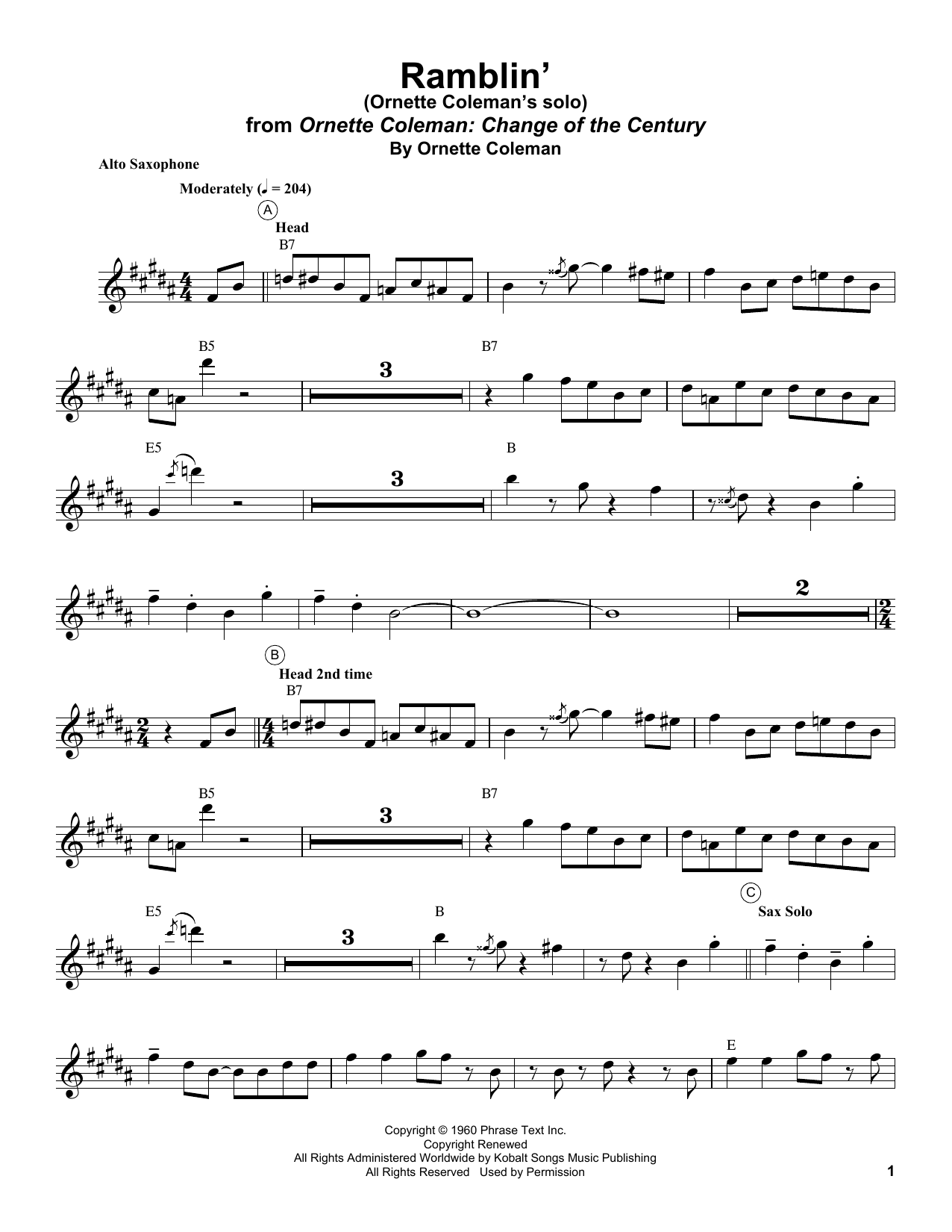 Ornette Coleman Ramblin' sheet music notes and chords arranged for Alto Sax Transcription