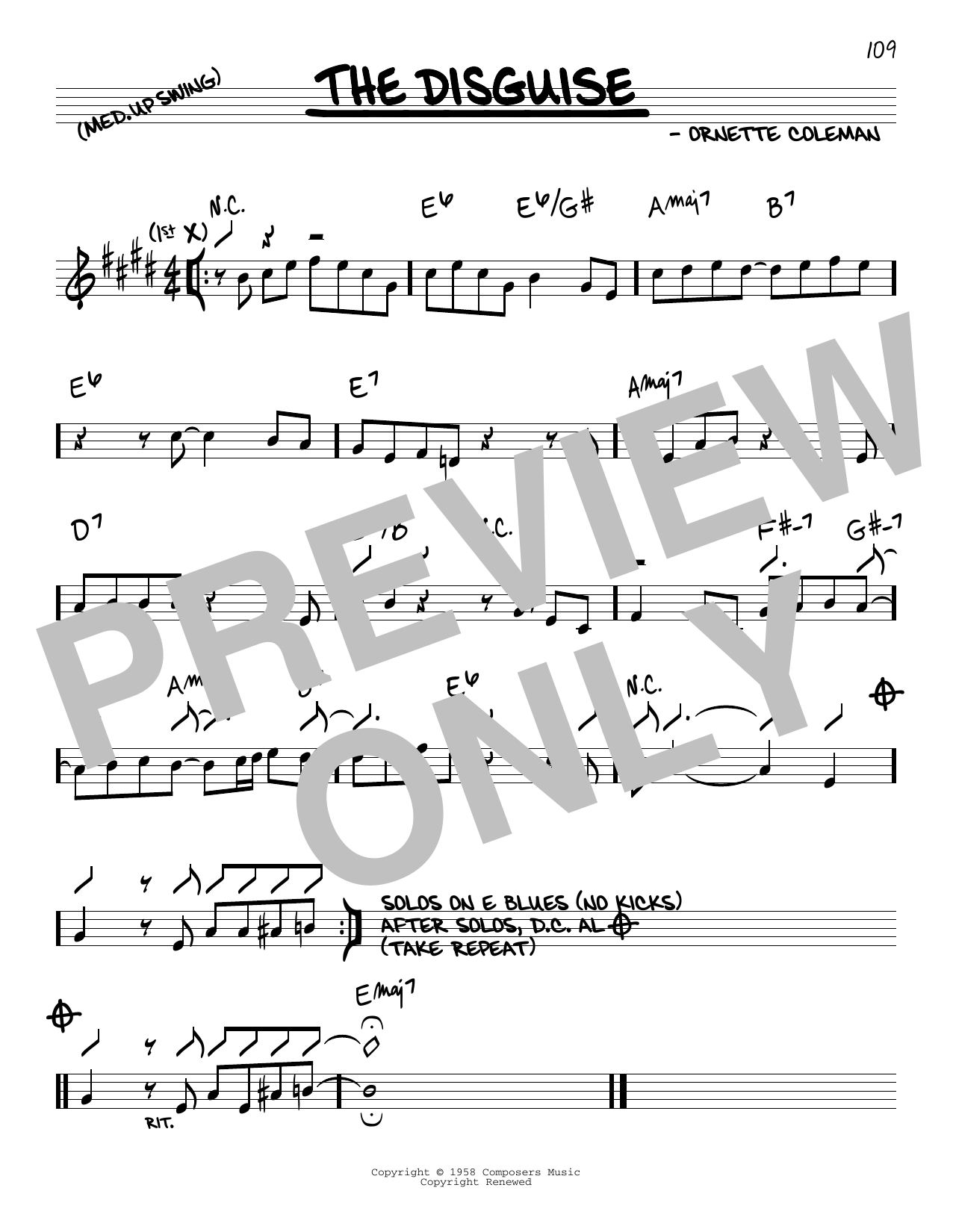 Ornette Coleman The Disguise sheet music notes and chords arranged for Real Book – Melody & Chords