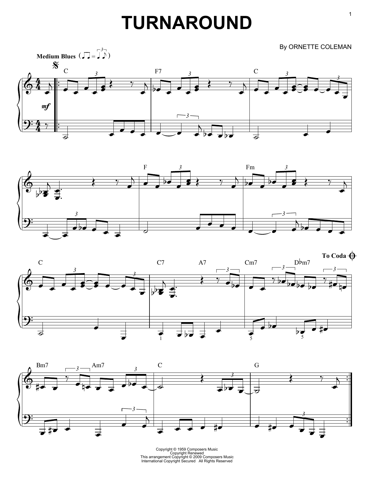 Ornette Coleman Turnaround [Jazz version] sheet music notes and chords arranged for Piano Solo