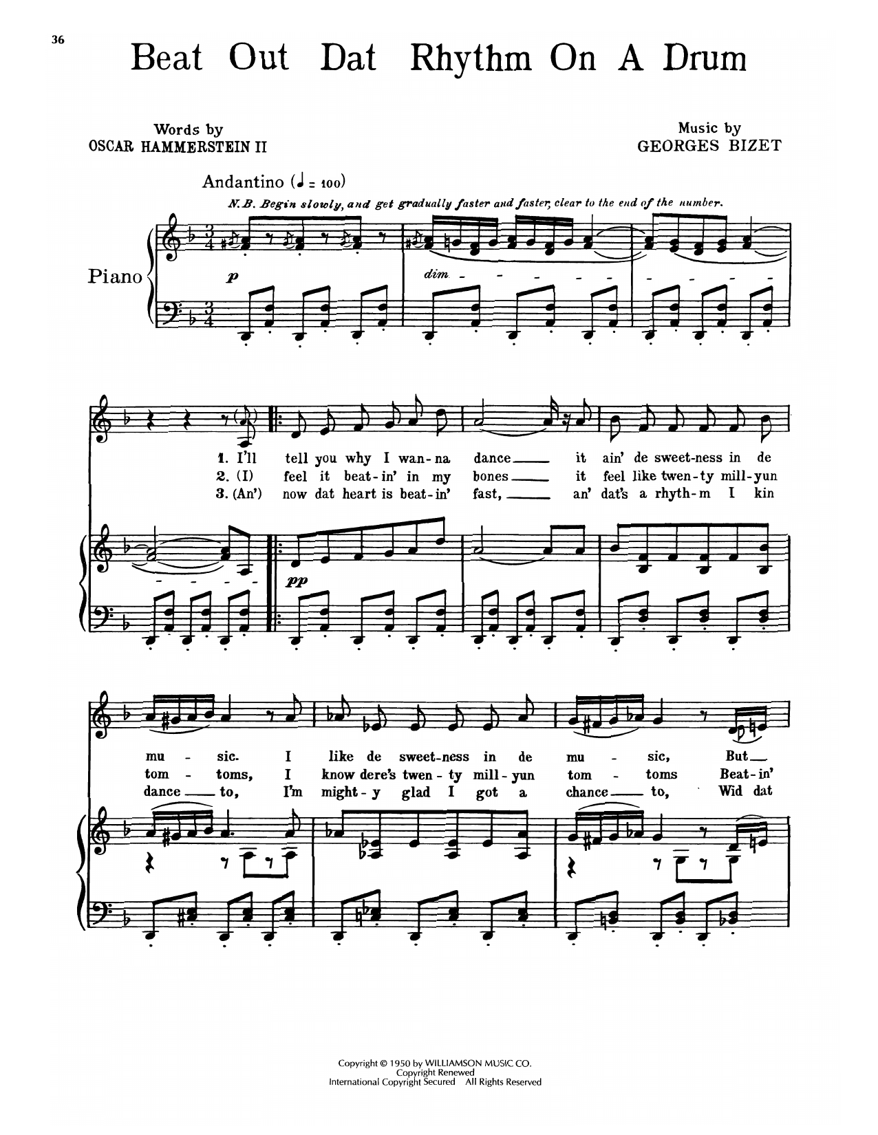 Oscar Hammerstein II & Georges Bizet Beat Out Dat Rhythm On A Drum (from Carmen Jones) sheet music notes and chords arranged for Piano, Vocal & Guitar Chords (Right-Hand Melody)