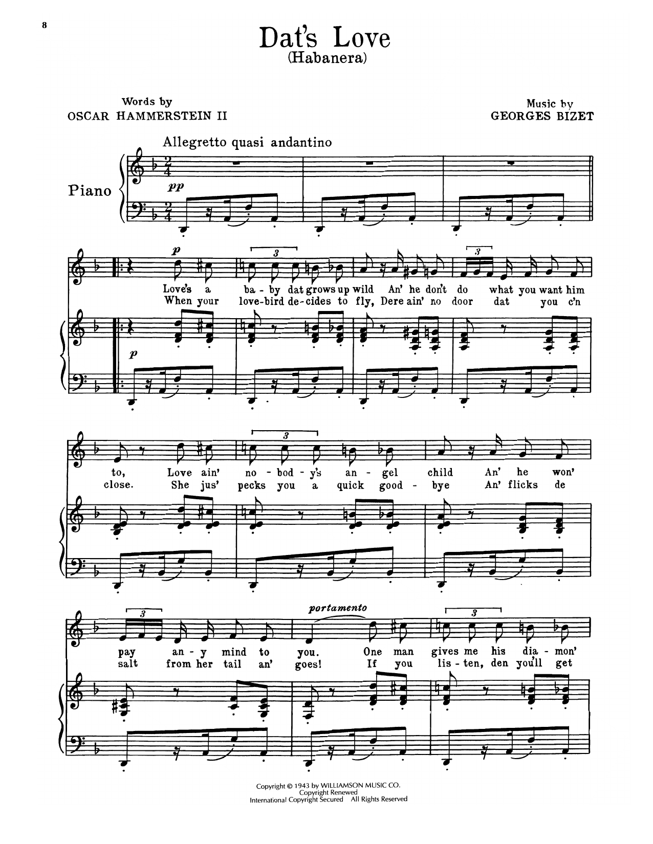 Oscar Hammerstein II & Georges Bizet Dat's Love (Habanera) (from Carmen Jones) sheet music notes and chords arranged for Piano, Vocal & Guitar Chords (Right-Hand Melody)