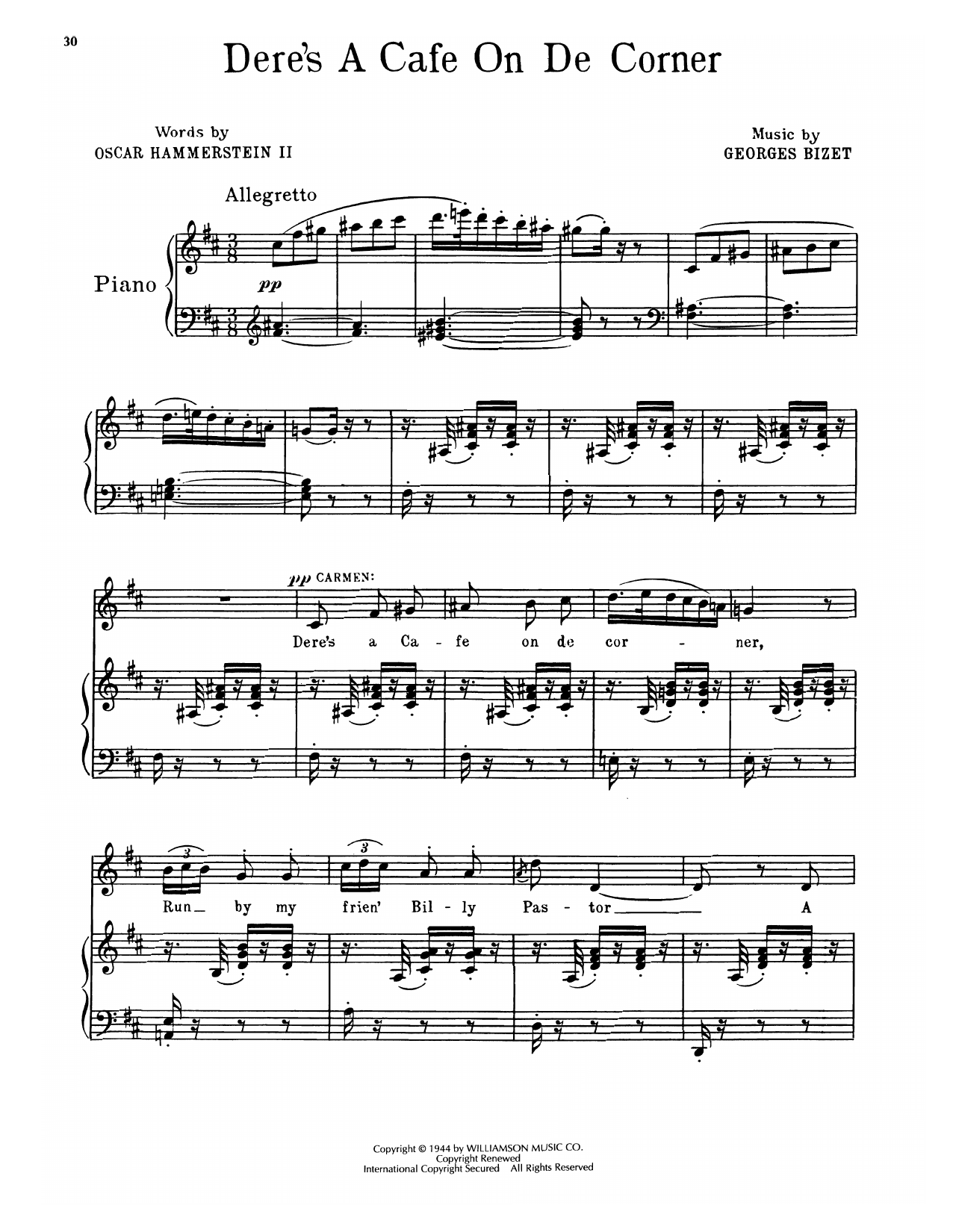 Oscar Hammerstein II & Georges Bizet Dere's A Cafe On De Corner (from Carmen Jones) sheet music notes and chords arranged for Piano, Vocal & Guitar Chords (Right-Hand Melody)