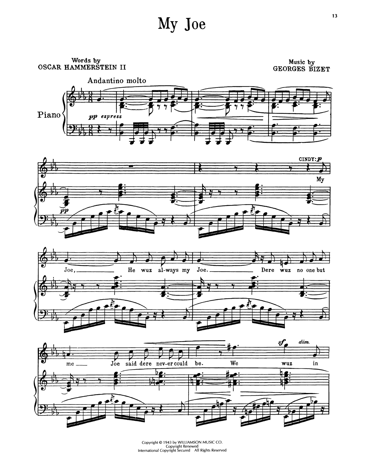 Oscar Hammerstein II & Georges Bizet My Joe (from Carmen Jones) sheet music notes and chords arranged for Piano, Vocal & Guitar Chords (Right-Hand Melody)