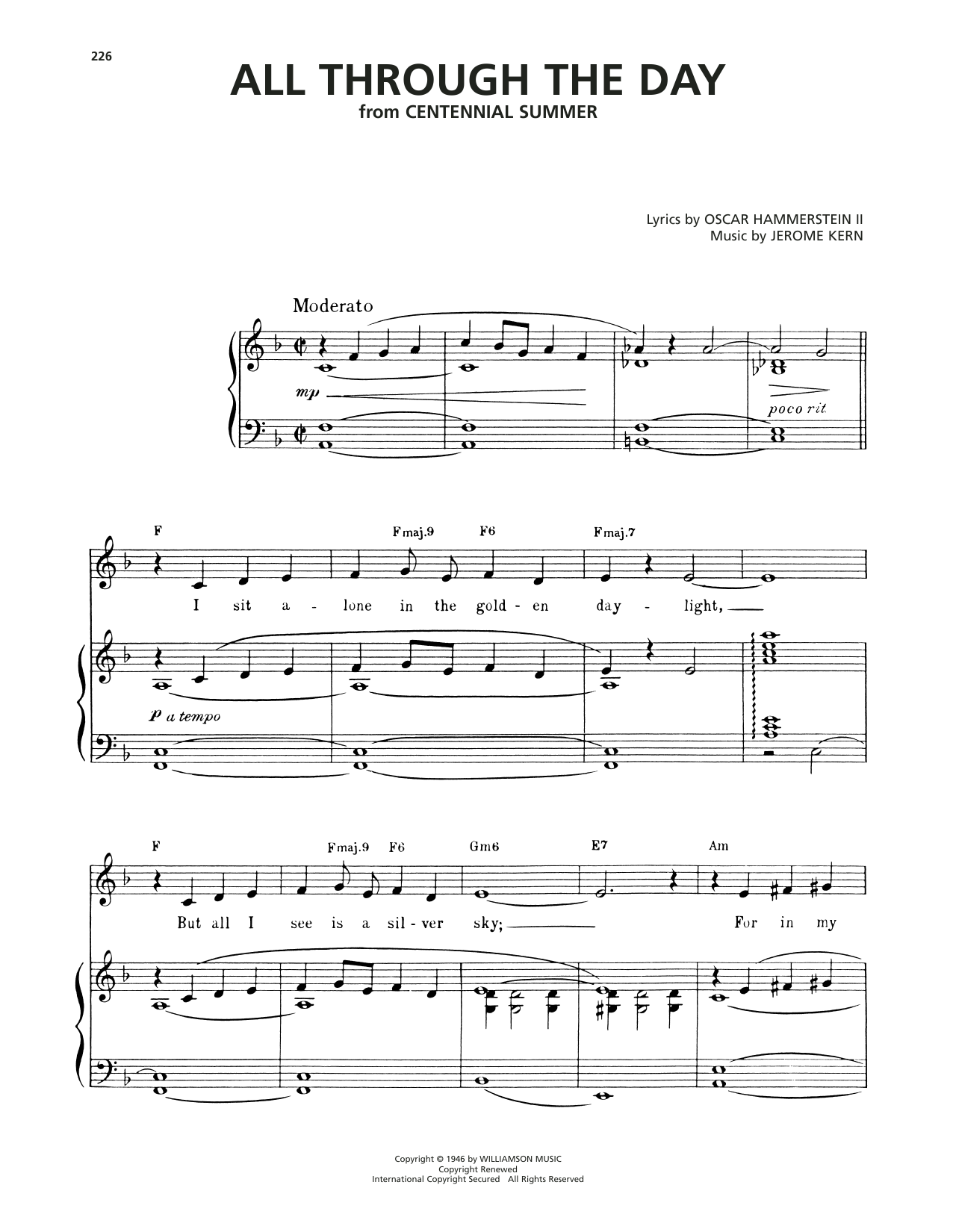 Oscar Hammerstein II & Jerome Kern All Through The Day (from Centennial Summer) sheet music notes and chords arranged for Piano, Vocal & Guitar Chords (Right-Hand Melody)