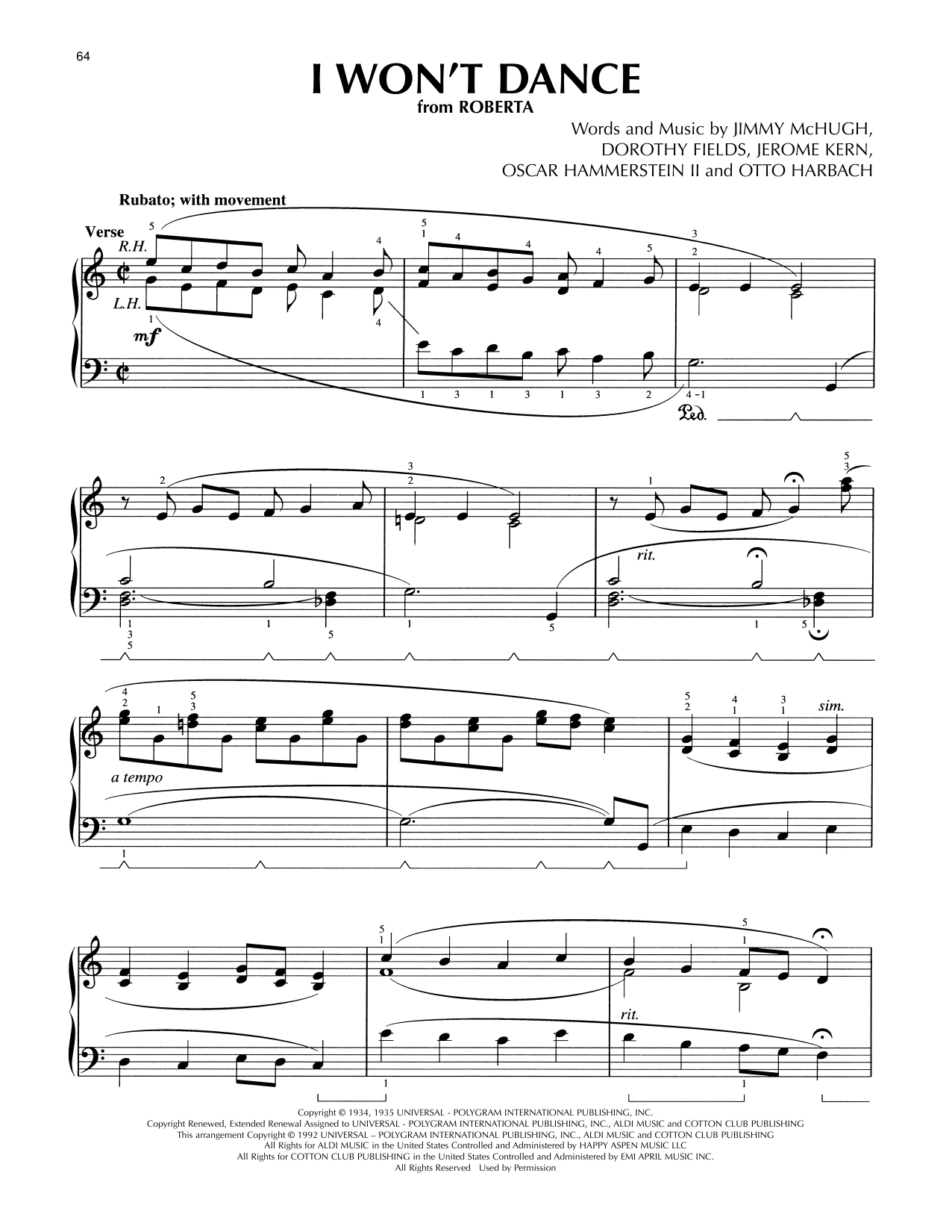 Oscar Hammerstein II & Jerome Kern I Won't Dance (from Roberta) (arr. Lee Evans) sheet music notes and chords arranged for Piano Solo