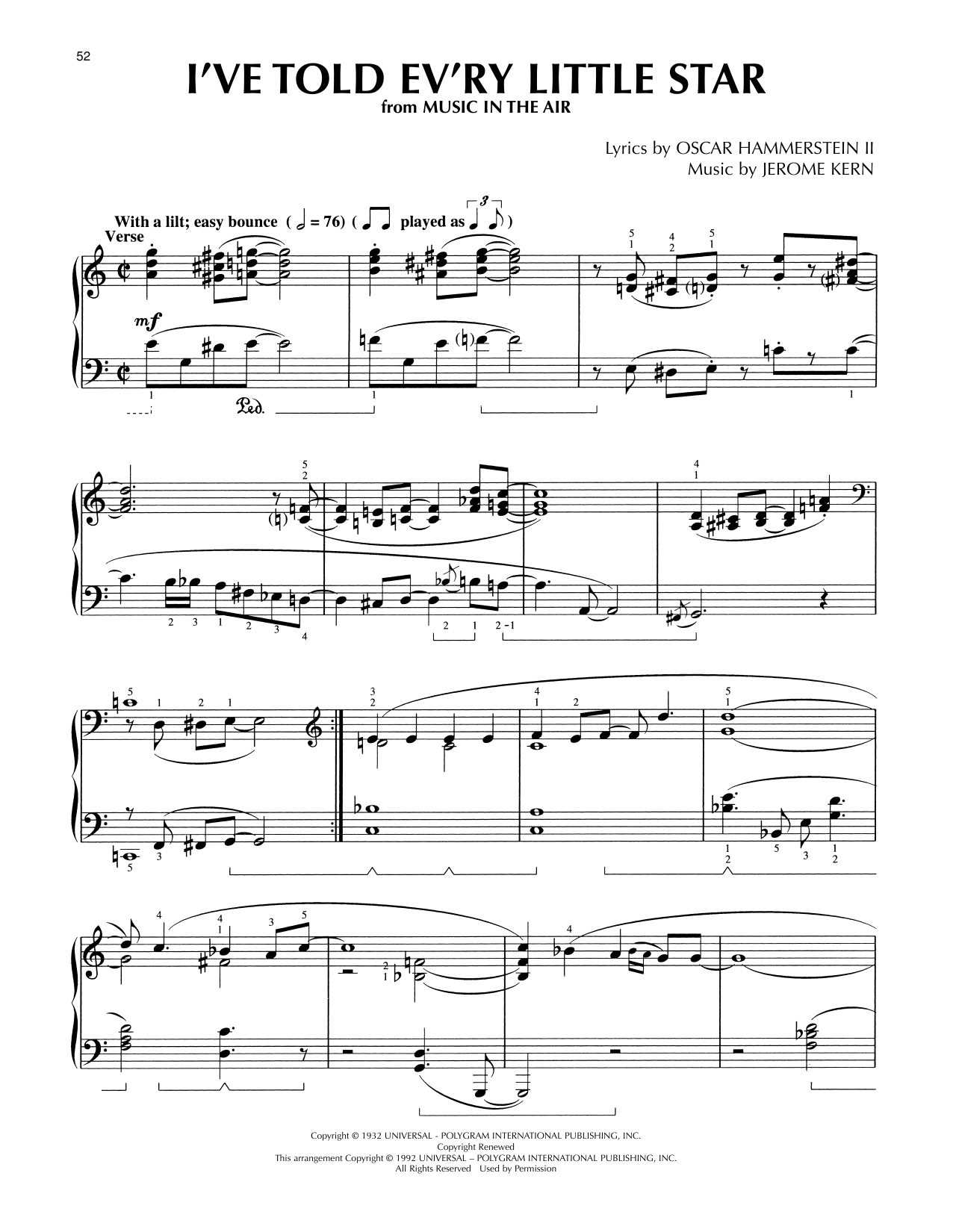 Oscar Hammerstein II & Jerome Kern I've Told Ev'ry Little Star (from Music In The Air) (arr. Lee Evans) sheet music notes and chords arranged for Piano Solo