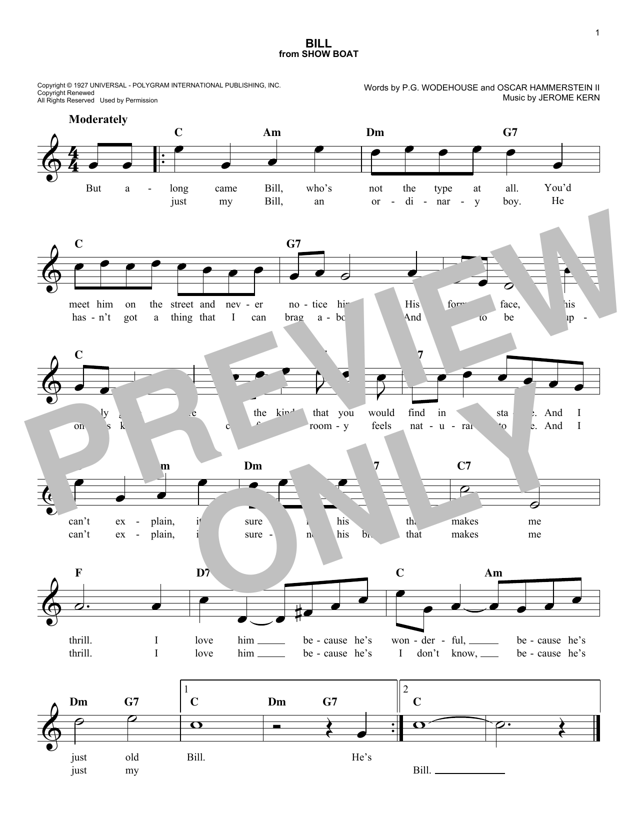 Oscar Hammerstein II Bill sheet music notes and chords arranged for Easy Piano